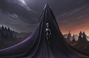 The image portrays a dark and ominous figure riding a dragon, dressed in a deep dark purple robe and holding a giant scythe. The person appears to be a representation of the character "Death" from the popular video game "Final Fantasy XIV." The scene is set against a dark and cloudy sky, adding to the dramatic and threat-like atmosphere. The dragon is frightening black with veins of lava. The two characters seem to represent an eerie sense of revelation 