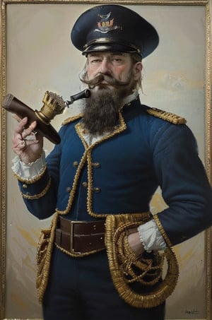 Captain Crunch, the mascot for the cereal, is depicted as a naval captain. He wears a blue captain's hat, a red jacket with gold trim, and a white frilly collar. His mustache and beard are iconic, and he holds a pipe. The character has a distinctive and memorable appearance. dramatic contrasts between light and dark, emotional intensity, tenebrism, soft edges, oil on canvas, realism, Dutch Golden Age, impasto, by Rembrandt van Rijn, by Rembrandt