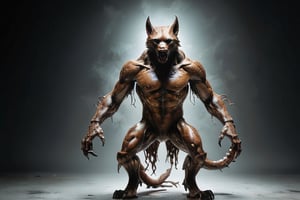 Anthropomorphic alien wolf, bearded, with tentacles, with a scar in his right eye, translucent armor, rusted patina looking fur scales skin, in a battle pose , hide in the dark, with fog and only moonlight in the left side of his body, with wounds and scratches, musculated, Slender, Skinny, full body shot, wide Angle, octane render RTX, render, realistic render, cinematic lighting, muscular body, 