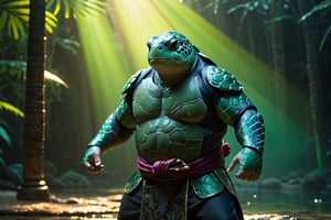 Stunning old chubby Martial Artist animorphic sea turtle, Confident in green gray, hibiscus Flower themed Kimono, Japaneese Dojo background, (full body portrait:1.4), (dynamic pose, random pose, modeling:1.2) volumetric lighting, 8k octane beautifully detailed render, post-processing, portrait, extremely hyper-detailed, intricate, epic composition, cinematic lighting, masterpiece, very very detailed, masterpiece, stunning Detailed matte painting, deep color, fantastical, intricate detail, splash screen, complementary colors, fantasy concept art, 8k resolution, Unreal Engine 5, chiaroscuro, bioluminescent, Volumetric light, auras, rays, vivid colors(face in frame:1.4), (editorial medium full body shot photography), (8k, RAW photo, best quality, masterpiece:1.4), twilight lighting, volumetric lighting, natural lighting, beautiful lighting, trending on ArtStation, trending on CGSociety, dramatic lighting, by artgerm, by Liang Xing, by WLOP, immersive atmosphere, (chiaroscuro:0.2),Extremely Realistic,SDXL