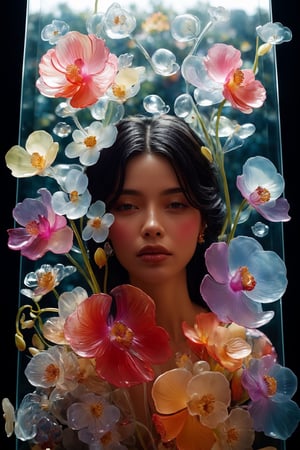 a side portrait of an anatomically correct heart made of orchids of glass, within a transparent glass case, transparent flower, glass flower, filled with flowers, full of flowers, flower bed (close up shot 1:1) alluring pose, glass statue, attractive pose, epic pose, shot from below, perspective view, dynamic angle, dynamic pose, fashion editorial photography, master piece, hyper realistic, real skin, natural light, wall made of glass flowers, wall filled with flowers made of glass, dreamy, surreal, enchanting, back lit photography, dramatic lighting, high contrast, studio photography, portrait photography,Transparent Glass Flowers