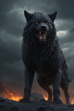 Colossal infernal Fenrir, very large and sinister. Terrifying. Mega angry. Dark and stormy background. Very detailed. Firestorm behind.