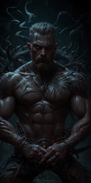A ruthlessly determined Ragnar Lodbrok, every fiber exuding raw strength and unwavering resolve: muscles bulging with power, scars telling tales of battle, and piercing eyes locked on his target with lethal intent. This mesmerizing depiction, resembling a vividly rendered painting, captures the essence of a warrior at the peak of his prowess. Detailed brushstrokes bring out the intricate tattoos adorning his weathered skin, and the intensity of his stare conveys a sense of imminent violence. This stunning image evokes a sense of danger and awe, immersing viewers in the thrilling saga of a warrior turned avenger.