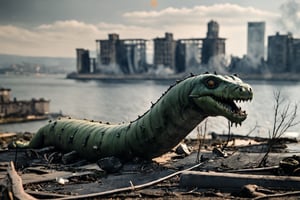 Closeup photo of a sad Loch Ness Monster in a destroyed city after a nuclearblast on the horizon, smoke, destruction fire, natural light