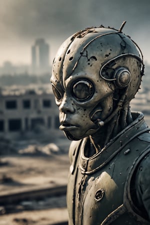 Closeup photo of a sad alien in a destroyed city after a nuclearblast on the horizon, smoke, destruction fire, natural light