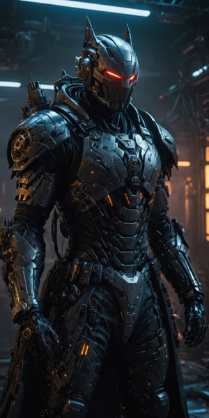 Angry batman mecha robo soldier character, anthropomorphic figure, wearing futuristic black soldier armor and weapons, reflection mapping, realistic figure, hyperdetailed, cinematic lighting photography, red lighting on suit, mecha, cyborg style,Movie Still