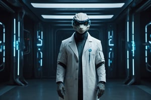 The cyberpunk-style animorphic lizard in a white lab coat is a striking fusion of nature and technology. The lizard’s powerful physique is accentuated by sleek, metallic cybernetic enhancements embedded throughout its body. Its white coat, reminiscent of a lab technician's attire, contrasts with the cybernetic implants and glowing neon circuits that adorn its form. A visor with augmented reality displays covers its eyes, enhancing its vision and providing vital information in real-time. Despite its imposing presence, there's an air of intelligence and sophistication about the cybernetically enhanced lizard as it navigates its futuristic environment with ease, perhaps serving as a symbol of the advancements of science and technology in a cyberpunk world.,Cyberpunk Doctor
