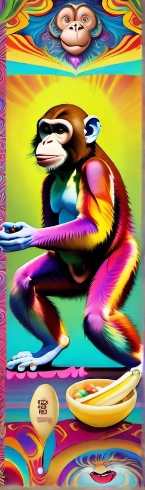 
full-body picture .Generate hyper realistic image of an ancient psychedelic scroll featuring an ink wash painting of a monkey eating a bag of gummy bears and brownies, surrounded by bananas, creating an evocative piece reminiscent of classical psychedelic acid art, Movie Poster,Movie Poster, sharp focus, intense colors, vibrant colors, chromatic aberration,MoviePosterAF, UHD, 8K,