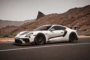 professional freelance race car driver who travels the country's highways in a dark brown and white (((2024 Porsche))) , ultra realistic, cinematic, 4k rendered, best quality,Stylish