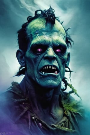 Create a visually striking image of a disfigured horrifying Frankenstein shrouded in mist, with hints of runic symbols. Use a bold color scheme, blending deep purples, blues and mysterious greens to evoke a sense of intrigue and intellectual depth fantasy blending with realism and whimsy punk ethereal bioluminescence surreal  