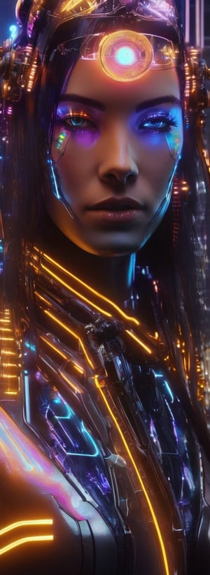 A close-up shot of a sensual Atompunk girl, showcasing her cybernetic enhancements and alluring beauty. Her metallic skin glistens under the soft glow of neon lights, and her eyes sparkle with an otherworldly allure. The image is captured in a vibrant, hyper-realistic style, reminiscent of the works of Simone Legno and Hiroto Mori