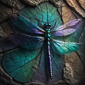 masterpiece, high quality, realistic aesthetic photo, pore and detailed, intricate detailed, graceful and beautiful textures, RAW photo, cinematic lighting, warm tone, 16K, ancient artifact dragonfly, wing Fusion of dragonfly and purple-blue-green-black-rough-stone,