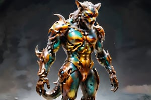 Anthropomorphic alien wolf, bearded, with tentacles, with a scar in his right eye, translucent armor, rusted patina looking fur scales skin, in a battle pose , hide in the dark, with fog and only moonlight in the left side of his body, with wounds and scratches, musculated, Slender, Skinny, full body shot, wide Angle, octane render RTX, render, realistic render, cinematic lighting, muscular body, 