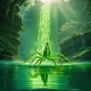 photo of toxic radioactive creature in a lake, big waterfall in background, wet slime, dark green complexion skin like scales brocade, big  mantis eyes, long fingers, swimming, photorealistic, sunlight, in jungle, rocks
