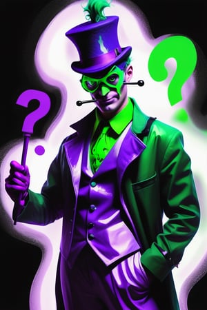 (colorful green and purple splash neon punk) like bursting gigantic, magnified plumes of ink in a very dim and dark mystical roomy area with swirling winds of divine. The Riddler, wearing a green bodysuit covered with question marks. His costume include a green bowler hat, a purple mask covering his eyes, and a cane. The ensemble reflects his enigmatic and puzzling persona.