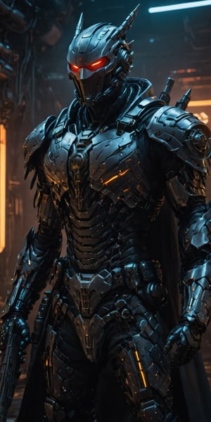 Angry batman mecha robo soldier character, anthropomorphic figure, wearing futuristic black soldier armor and weapons, reflection mapping, realistic figure, hyperdetailed, cinematic lighting photography, red lighting on suit, mecha, cyborg style,Movie Still