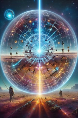 Bosch-style, a translucent Dyson sphere traps a visual on a distant unworldly planet, the starsscape warps, time distorts, surrealism reigns, stars, Glowing, sparkling electrifying 