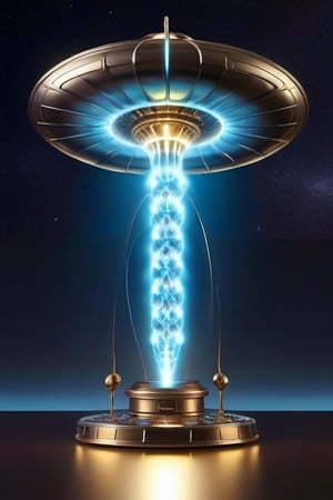 
The primary subject is a starship resembling a Tesla coil, which has a spherical shape that is slightly elongated. The starship has several tendril-like features hanging from it. This depiction is a photograph that captures the intricate details of the starship. The image showcases the starship's sleek design and modern technology, with its metallic surface shining under the light. The tendrils are depicted in a lifelike manner, with dynamic movement and delicate wisps. The overall image quality is exceptional, capturing every fine detail with clarity and precision.