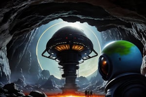 
Create a pulp sci-fi style scene where a Martian planet alien creature emerges from a cave, gazing up at the sky as a large space craft descends towards the planet. The creature, defenseless against the advanced technology of the spacecraft, watches as savage men from aboard the craft prepare to land. Capture the sense of wonder, fear, and impending conflict in this scene.