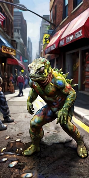 A shape-shifting anamorphic Chameleon human, meticulously depicted in the intricate, realistic style of Tom Clancy. The character is portrayed with stunning attention to detail, showcasing its ability to blend seamlessly into any environment. This hyper-realistic digital painting perfectly captures the essence of the Chameleon as a cunning and versatile antagonist. Every subtle texture and shadow is rendered with precision, creating a sense of depth and realism that immerses the viewer in the world of the Marvel universe. Vibrant colors and dynamic composition make this image a true masterpiece that will leave fans in awe of its lifelike portrayal.