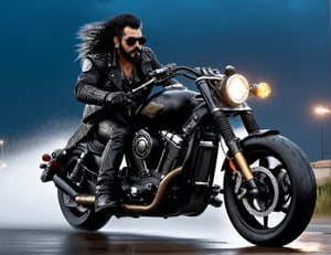 full body, Renegade Punk Alien Lobo man in leather and glasses on spacepunk racing motorcycle on highway, Iron 883 SpaceMotorcycle | Harley-Davidson USA, mafia, black long hair, bushy mustache and beard, artstation trend, sharp focus, studio photo, intricate details, very detailed, by greg rutkowski, front at view, nebula sky, nighttime, night_sky, Lightning, thunder,heavy rain, storm, Keep running in the rain, 
