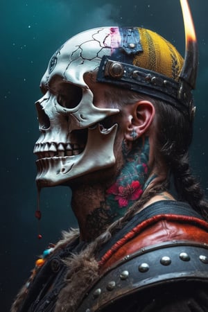 
The Punisher in the style of Vikings , highly detailed, skull tattooed half face in the style of trash polka, cinematic, 8 k, style by stanley artgermm, tom bagshaw, carne griffiths, hyper detailed, full of color gritty