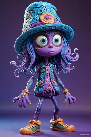 fantasy alien, full body shot, from The Walking Dead in the art style of Dr. Seuss and Pixar as a vinyl toy, unreal engine 5, 16k, hyper realistic, ultra detail, final gather. wearing a hat. The background is toned in blue-purple-black. Abstraction, rispograph print, acrylic paint, wax, cartoon art, lots of movement, Abstract, swaying pose, psychedelic , tatto , vibrant colors, relief, embossed style, embossed colors ,cut paper art, minimalism, chaotic, explosive , weird, clarty , cute, cool, cartoon animated characters, crochet, feathery, German quilt embroidery, mother-of-pearl motifs, depth, sharpness