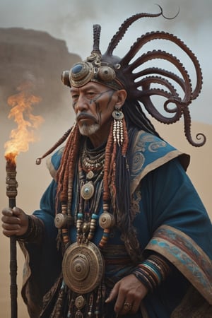 incredible depiction of a anthropomorphic octopus shaman, ancient and old, ornate trinkets, elaborate, tribal, beautiful, highly detailed and intricate, hypermaximalist, ornate, luxury, ominous, smoke, atmospheric desert, haunting, matte painting, cinematic, cgsociety, Antonio J. Manzanedo, Vladimir Matyukhin, Brian froud