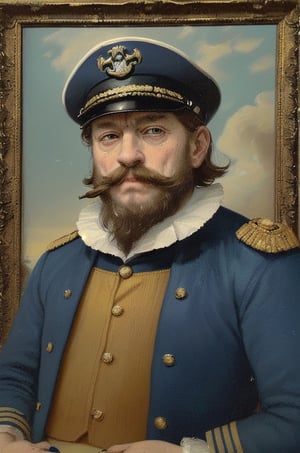 Captain Crunch, the mascot for the cereal, is depicted as a naval captain. He wears a blue captain's hat, a red jacket with gold trim, and a white frilly collar. His mustache and beard are iconic, and he holds a pipe. The character has a distinctive and memorable appearance. dramatic contrasts between light and dark, emotional intensity, tenebrism, soft edges, oil on canvas, realism, Dutch Golden Age, impasto, by Rembrandt van Rijn, by Rembrandt