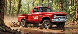 (1 truck, Coca Cola red 1966 Chevrolet C10 redesigned by Carol Shelby ), Generate an image of a Chevrolet C10 tearing through a dense forest during a rally race, with mud splattering, leaves flying, and the vibrant greenery as the epic backdrop. The truck’s classic styling and the dynamic forest setting should evoke a sense of speed and adrenaline. best quality, realistic, photography, highly detailed, 8K, HDR, photorealism, naturalistic, lifelike, raw photo,H effect,real_booster,Comic Book-Style 2d