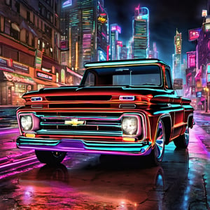 Generate a photorealistic depiction of a 1966 Chevrolet C10 stepside Pickup speeding through a futuristic cityscape at night. Imagine vibrant neon lights reflecting off sleek, polished surfaces as the car races through illuminated streets. Capture the dynamic energy and sense of motion, blending realism with a touch of sci-fi flair.