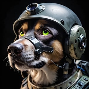 Closeup  portrait Photo of a dog soldier wearing army helmet, night vision , robotic parts, detailed robotic led light eyes, natural light 