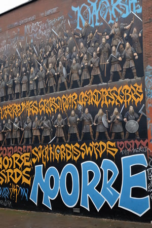 a large graffiti wall, with the artwork of a horde of Norse men with axes and swords with detailed features, other graffiti writings on the same wall