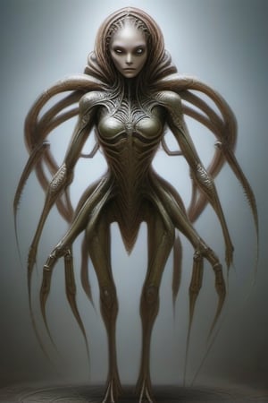 alien being with 8 arms and 2 legs feminine and beautiful spider like 