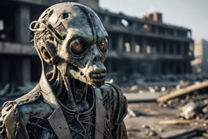 Closeup photo of a sad old alien in a destroyed city after a nuclearblast on the horizon, smoke, destruction fire, natural light