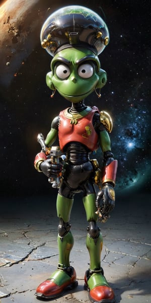 Generate a photorealistic full body portrait of Marvin the Martian in his classic clothes but as if he was real, ray gun , looking at the viewer, extreme realism, award-winning photo, sharp focus, detailed, intricate, art_booster,moonster