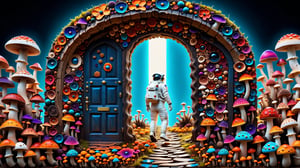 fisheye lens,
a beautiful mushroom field, with vibrant psychedelic colors stretching as far as the eye can see,Person on the other side of the door, Astronaut,
Nestled among the mushrooms is an unexpected sight a wooden door, clearly made of lightweight material like balsa wood, standing upright amidst the mushrooms. Despite its humble construction, the door is adorned with intricate carvings and painted with vivid colors, adding to its whimsical charm,astronaut_flowers