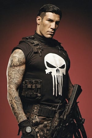 The Punisher, Pulp Horror Comics style, art by brom, tattoo by ed hardy, marine style haircut, neck tattoos andy warhol, heavily toned muscle, biceps,glam gore, horror, blood splatter, traumatic, confidence, military poster style, chequer board