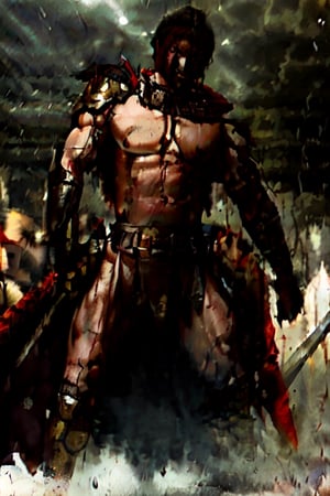 Spartan, Action, dynamic, under the rain, fighting_stance, fighting, dynamis angle, dynamic pose, wearing full Spartan armor, black theme, (((dark skin))), (masterpiece, best quality), serious, huge sword, hyper realistic fine tuned manga illustration, inspiration from 座頭市, shintaro katsu,  ,stalker