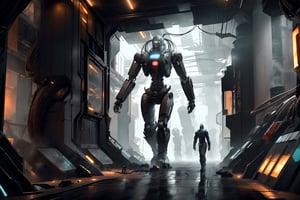 In a mysterious ethereal scene where a monstrous alien with a brain-like appearance and tentacle arms is operating the controls of a humanoid giant robot through a glass screen in its belly. The giant robot, controlled by the alien, is walking into an alleyway, creating a sense of mystery and intrigue.
