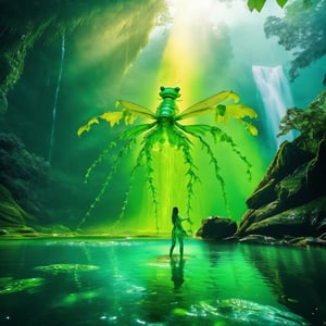 photo of toxic radioactive creature in a lake, big waterfall in background, wet slime, dark green complexion skin like scales brocade, big  mantis eyes, long fingers, swimming, photorealistic, sunlight, in jungle, rocks