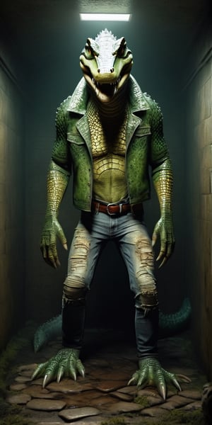 A Killer Crocodile man in a disgusting sewer, brown and green scaly skin, seen from front, full body, wearing a ripped denim jeans photorealistic