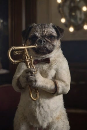 Cinematic photo of an anthropomorphic Pug humanoid body, playing a Jazz trumpet, looks like Lois Armstrong, movie poster, great detail, hyper-realistic. 35mm photography, film, bokeh, professional, 4k, highly detailed, Cnd