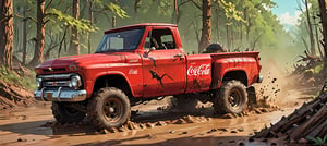 (1 truck, Coca Cola red 1966 Chevrolet C10 stepside pickup truck redesigned by Frank Frazetta ), Generate an image of a Chevrolet C10 tearing through a dense forest during a rally race, with mud splattering, leaves flying, and the vibrant greenery as the epic backdrop. The truck’s classic styling and the dynamic forest setting should evoke a sense of speed and adrenaline. best quality, realistic, photography, highly detailed, 8K, HDR, photorealism, naturalistic, lifelike, raw photo,H effect,real_booster,Comic Book-Style 2d