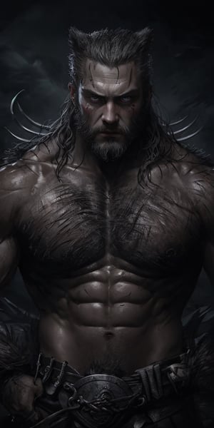 A fiercely rugged and feral Ragnar Lodbrok embodies Wolverine, his Norse warrior spirit merging with the iconic mutant's ferocity. This striking image, whether in a painting or digital artwork, shows Ragnar as Wolverine with razor-sharp claws and a wild, untamed demeanor. Each detail, from his weathered battle scars to the intensity in his eyes, is expertly rendered in vivid colors and intricate textures, creating a truly immersive and dynamic portrayal of this unique character fusion.