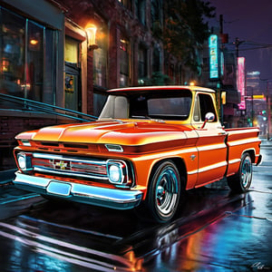 Generate a photorealistic depiction of a stepside pickup 1966 Chevy Chevrolet C10 stepside pickup truck speeding through a futuristic cityscape at night. Imagine vibrant neon lights reflecting off sleek, polished surfaces as the car races through illuminated streets. Capture the dynamic energy and sense of motion, blending realism with a touch of sci-fi flair.