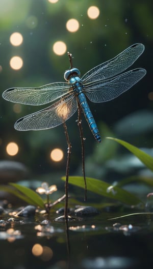 close up, crystal dragonfly, above a magical pond, lots of fairy lights, intricate details, texture, depth, vitality, movement, dynamics, energy, vitality, glowing lighting, soft lighting, fantastic, epic scene, super detailed, 8K., Miki Asai Macro photography, close-up, hyper detailed, trending on artstation, sharp focus, studio photo, intricate details, highly detailed, by greg rutkowski