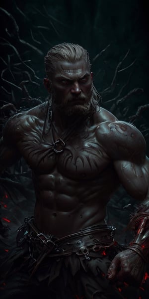 A ruthlessly determined Ragnar Lodbrok, every fiber exuding raw strength and unwavering resolve: muscles bulging with power, scars telling tales of battle, and piercing eyes locked on his target with lethal intent. This mesmerizing depiction, resembling a vividly rendered painting, captures the essence of a warrior at the peak of his prowess. Detailed brushstrokes bring out the intricate tattoos adorning his weathered skin, and the intensity of his stare conveys a sense of imminent violence. This stunning image evokes a sense of danger and awe, immersing viewers in the thrilling saga of a warrior turned avenger.