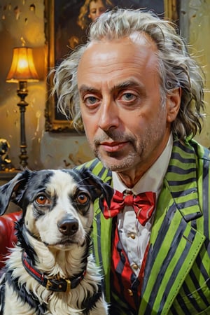 portrait of Beetlejuice and his dog, close up, oil painting old master, dynamic light, cinematic light, glow background, vintage style, oil painting striking brushstrokes background greyish, by konstantin razumov, Jean Baptiste Monge,photorealistic,analog