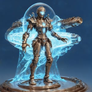 Retro Sci fi fantasy, bronze brocade steampunk robot with large glass dome head with cameras inside,  silverpoint style blue form fitting space suit woman with a tiny ray gun God rays